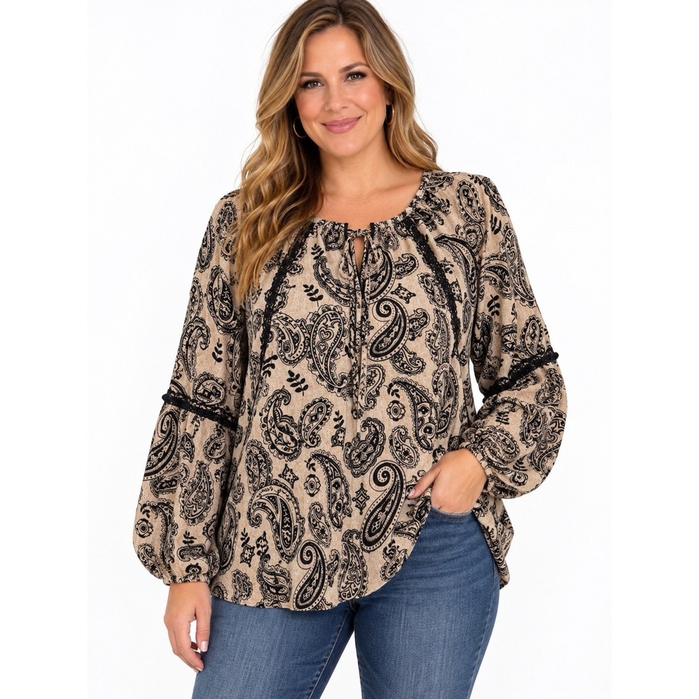 Knox Rose Women's XXL Paisley Boho Blouse Beige Black Long Sleeve Crochet Trim
